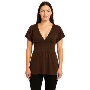Sonoma Brown Cotton Blend Ribbed Top | Deep V-Neck Empire Waist Comfy | X-Large